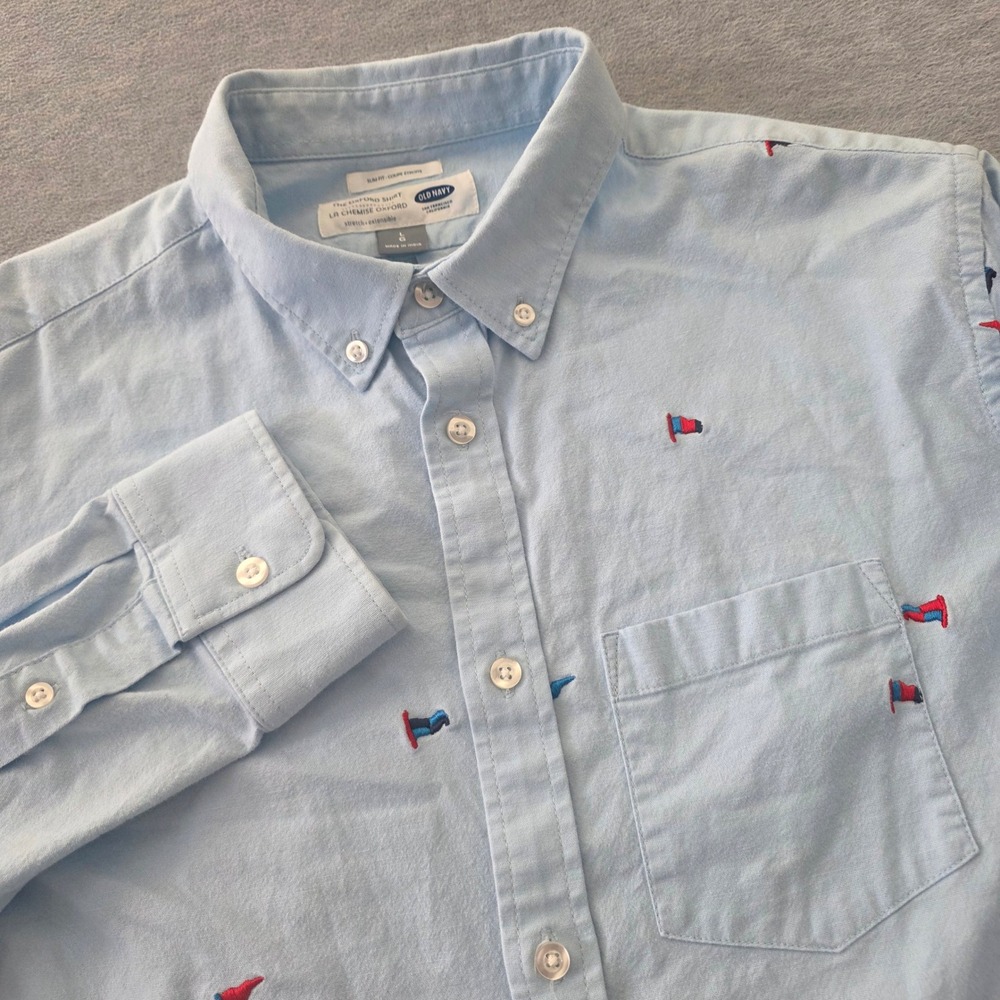 Old Navy Mens Slim Fit Oxford Shirt Light Blue Nautical Flag Embroidered Large